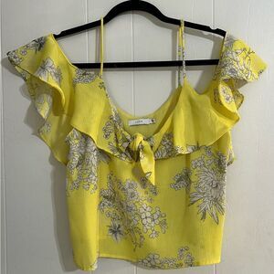 LUSH Yellow, Floral, Chiffon cropped blouse - Off the shoulder - Size M